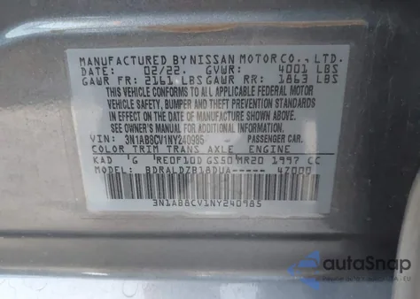 2022 Nissan Sentra Sv Xtronic Cvt from USA, damaged, VIN 3N1AB8CV1NY240985